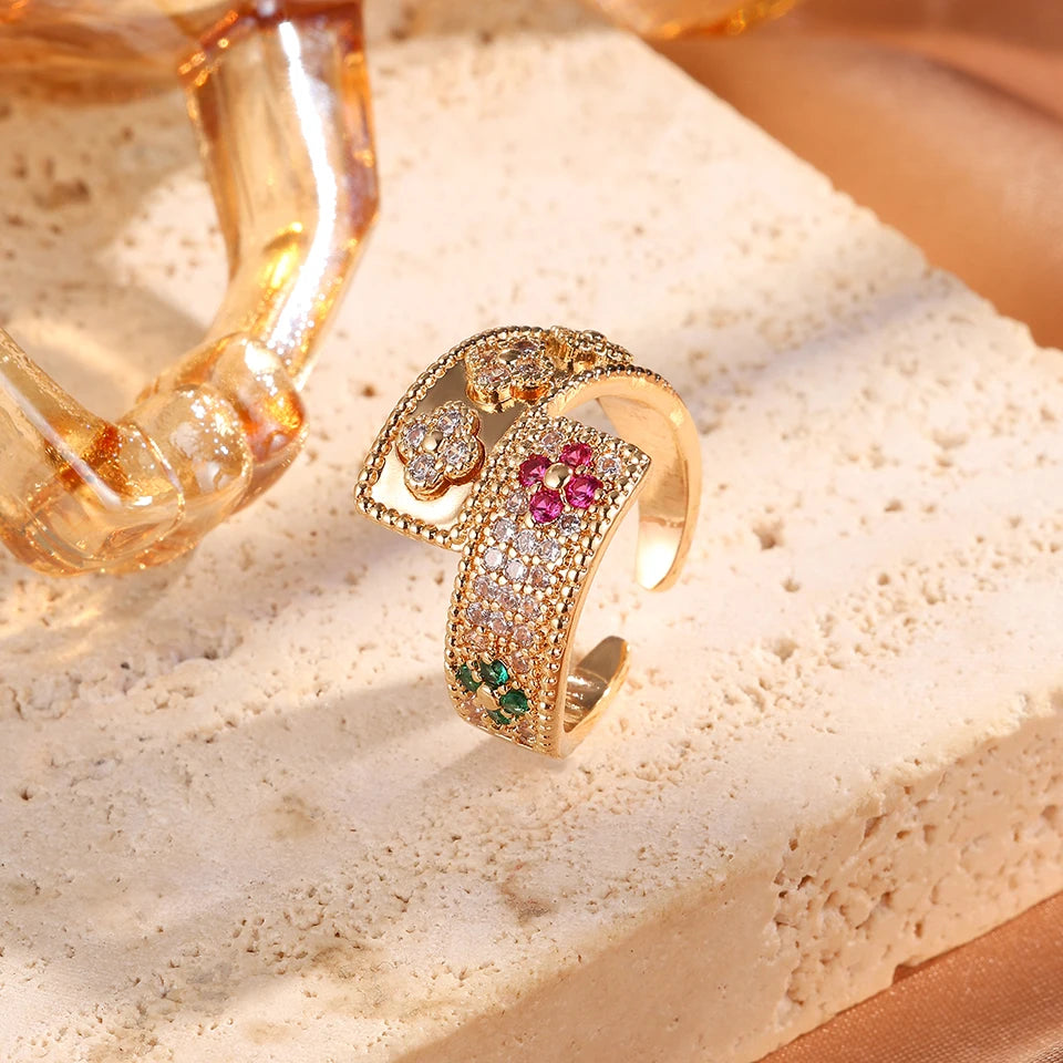 Four-Leaf Flower Zircon Cuff Bracelet – Colorful CZ Bangle for Women