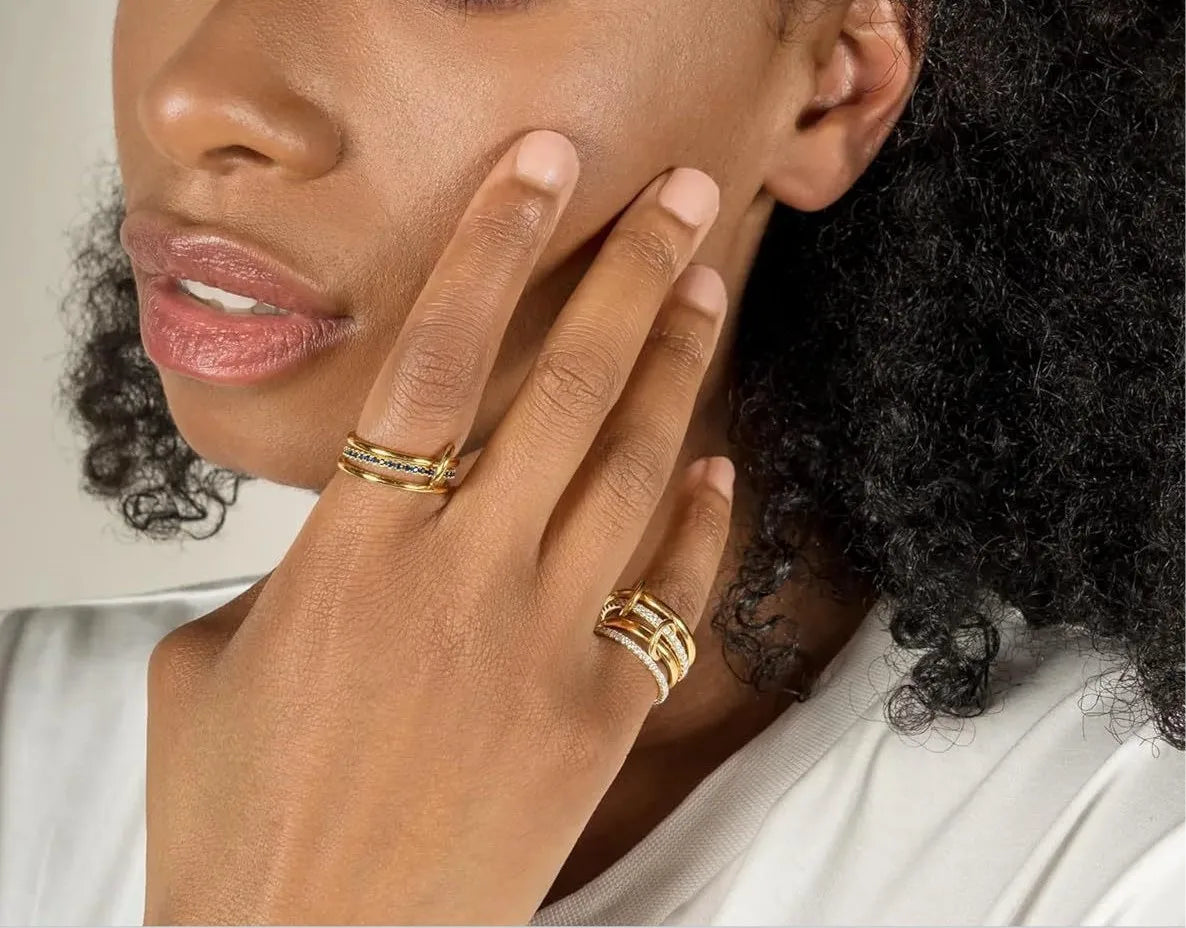 18K Gold Plated Stackable Rings for Women – Interlocked Statement Ring Set with Cubic Zirconia