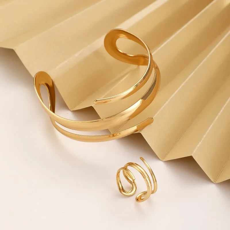 Gold Color Thick Geometric Bracelet & Ring Set