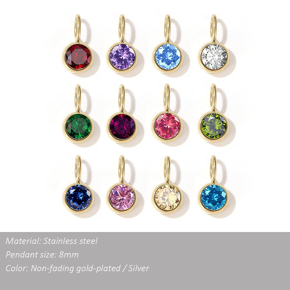 CZ Birthstone Pendants – 12 Colors for Each Month – Stainless Steel Necklace Accessories