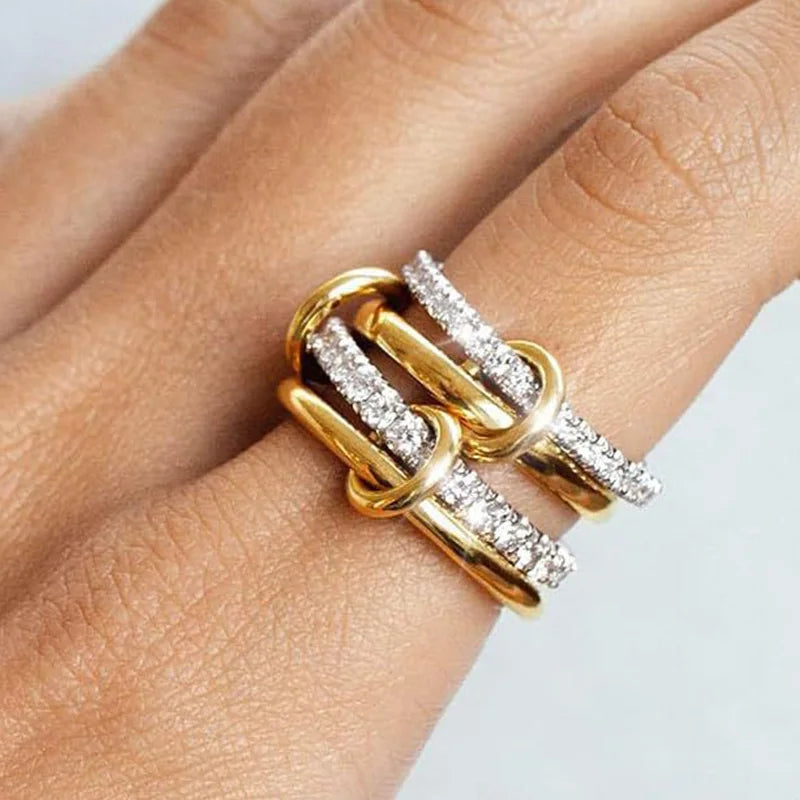 18K Gold Plated Stackable Rings for Women – Interlocked Statement Ring Set with Cubic Zirconia