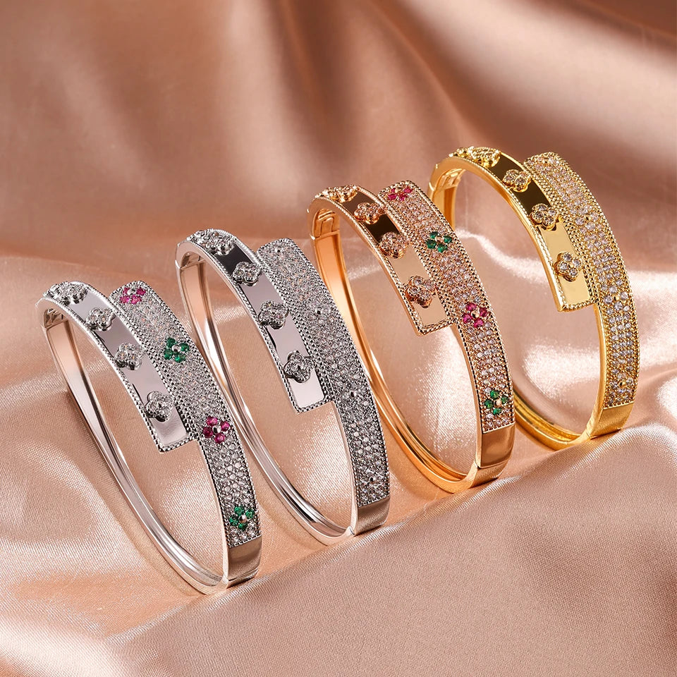 Four-Leaf Flower Zircon Cuff Bracelet – Colorful CZ Bangle for Women