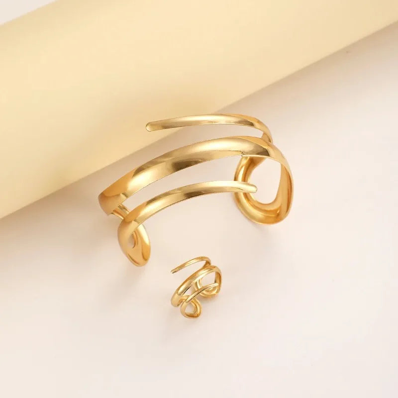 Gold Color Thick Geometric Bracelet & Ring Set
