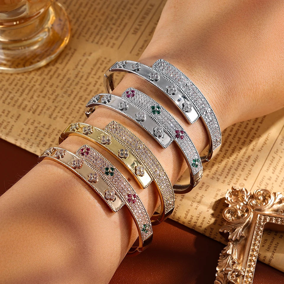 Four-Leaf Flower Zircon Cuff Bracelet – Colorful CZ Bangle for Women