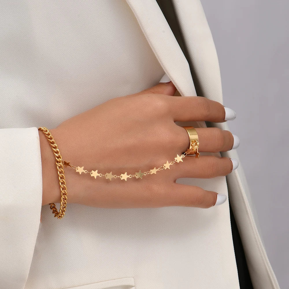 Dainty Gold-Plated Hand Chain & Ring – Handmade Link Chain Harness Jewelry for Women
