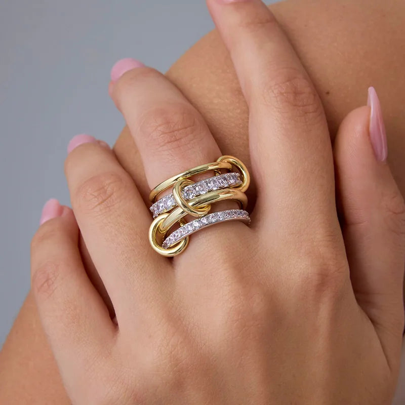 18K Gold Plated Stackable Rings for Women – Interlocked Statement Ring Set with Cubic Zirconia