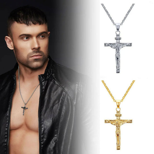Men & Women’s Crucifix Pendant Necklace – Jesus Christ Metal Cross with Chain