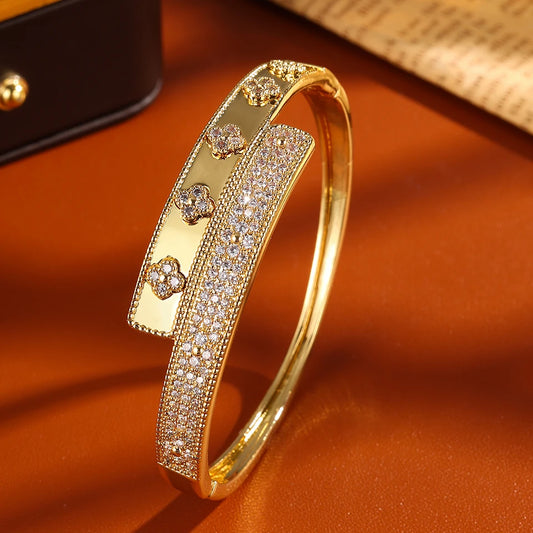 Four-Leaf Flower Zircon Cuff Bracelet – Colorful CZ Bangle for Women