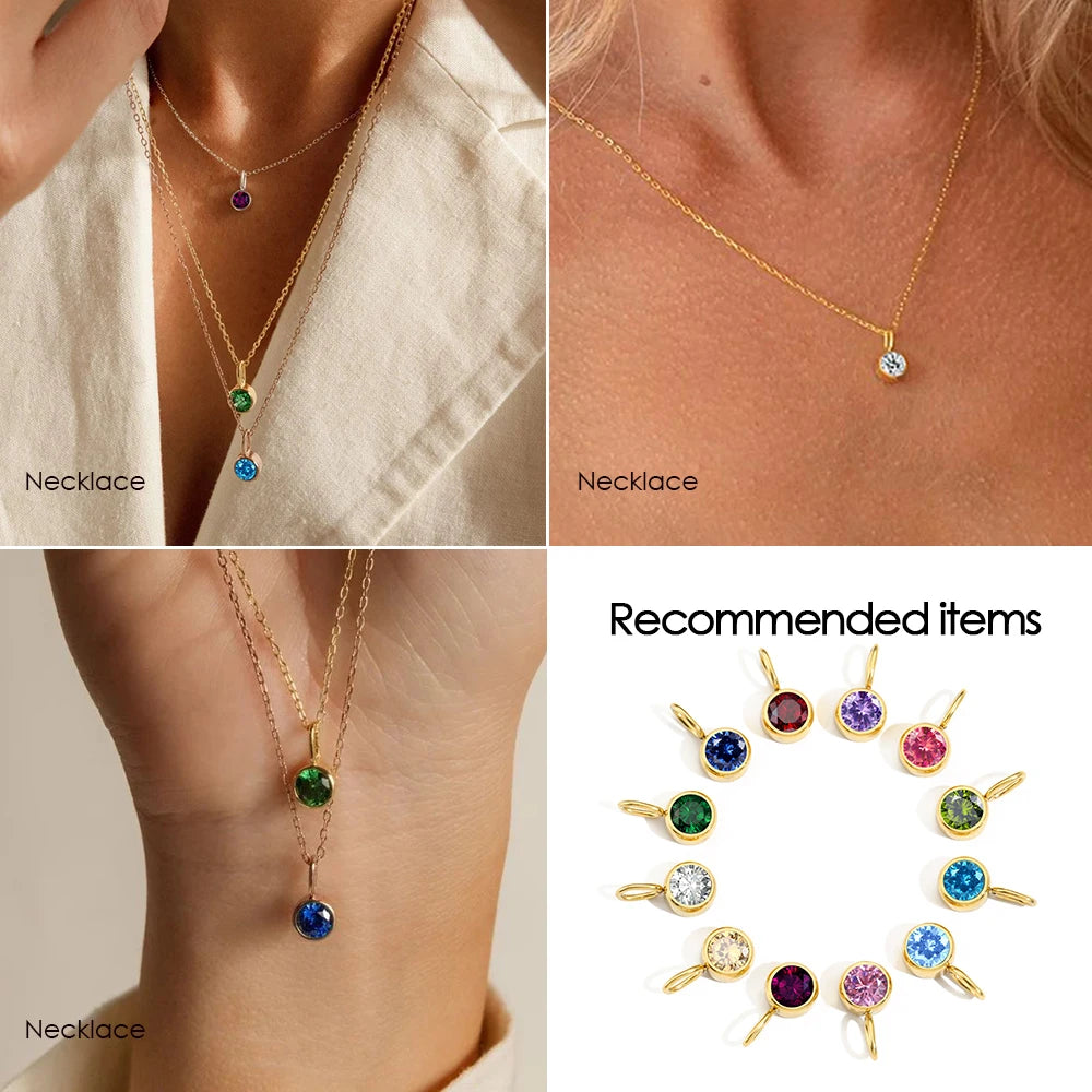 CZ Birthstone Pendants – 12 Colors for Each Month – Stainless Steel Necklace Accessories