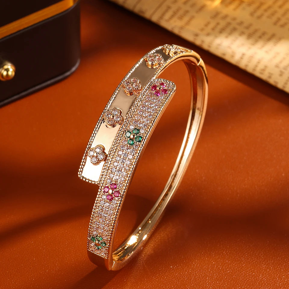 Four-Leaf Flower Zircon Cuff Bracelet – Colorful CZ Bangle for Women