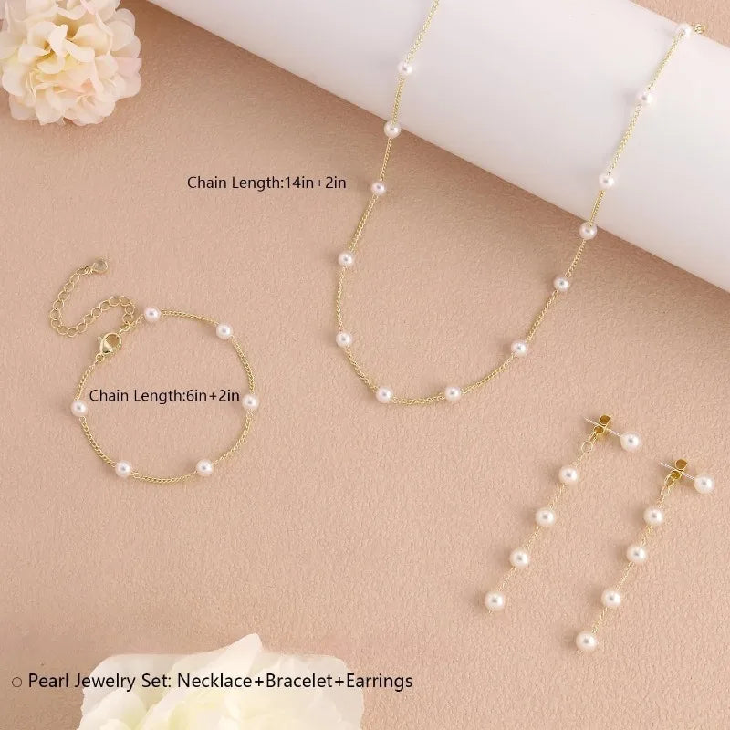 Women's Dainty 14K Gold- & Silver-Plated Pearl Jewelry Set – Necklace, Earrings & Bracelet