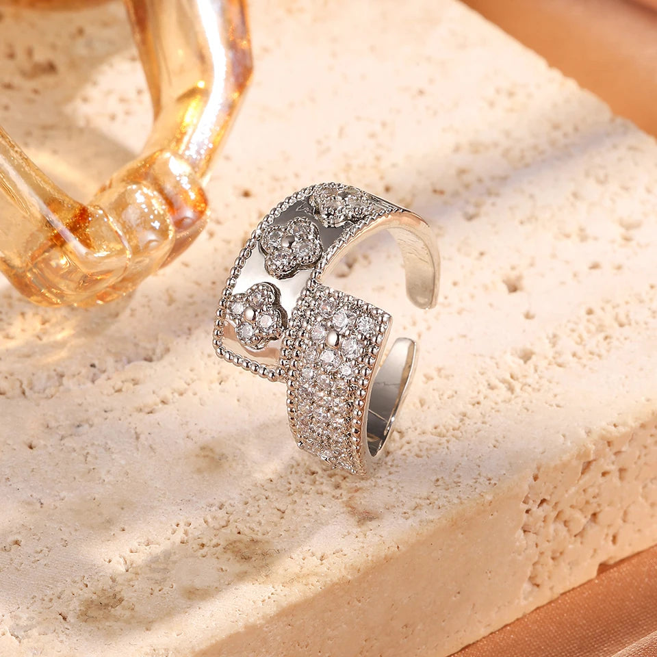 Four-Leaf Flower Zircon Cuff Bracelet – Colorful CZ Bangle for Women