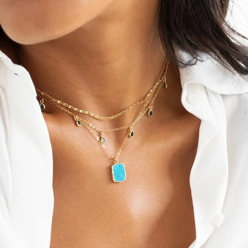 Turquoise Pendant Necklace 18K Gold Beaded Layering Chain Necklaces for Women