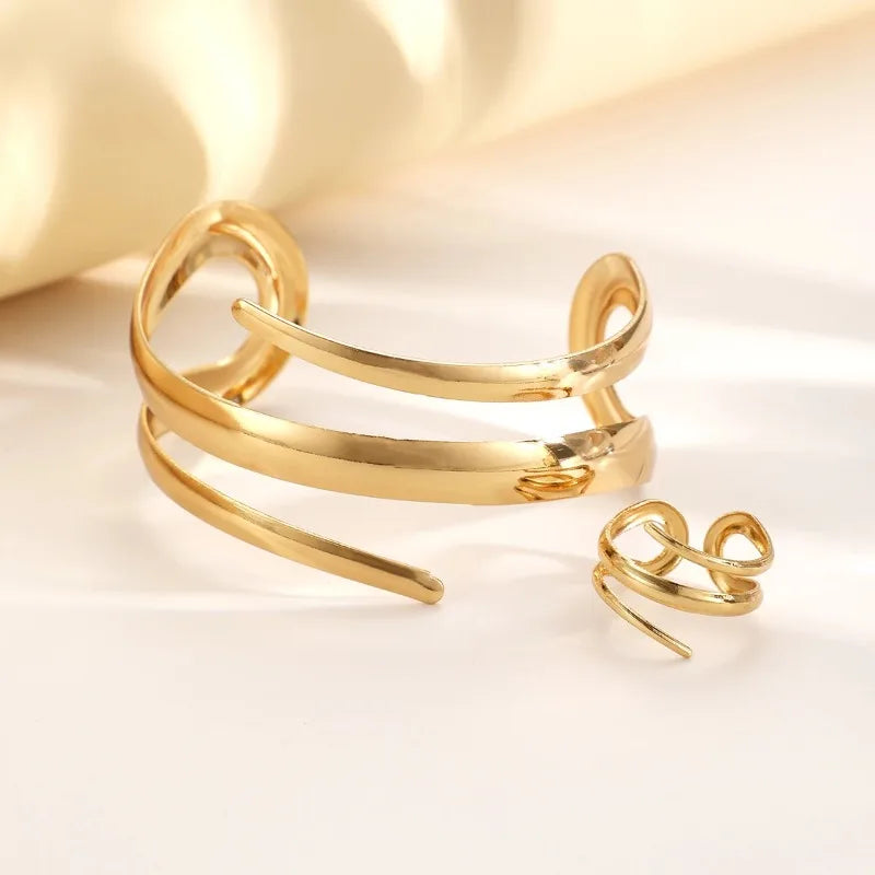 Gold Color Thick Geometric Bracelet & Ring Set