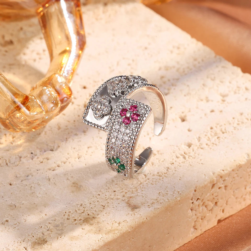 Four-Leaf Flower Zircon Cuff Bracelet – Colorful CZ Bangle for Women