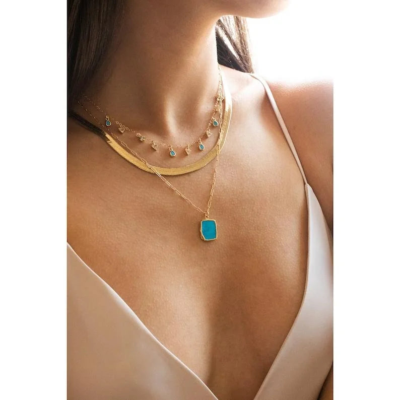 Turquoise Pendant Necklace 18K Gold Beaded Layering Chain Necklaces for Women