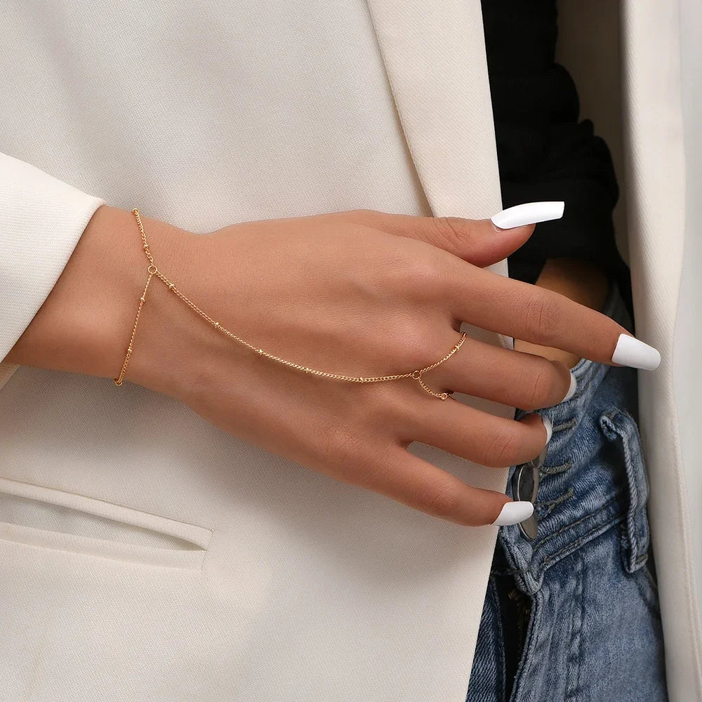 Dainty Gold-Plated Hand Chain & Ring – Handmade Link Chain Harness Jewelry for Women