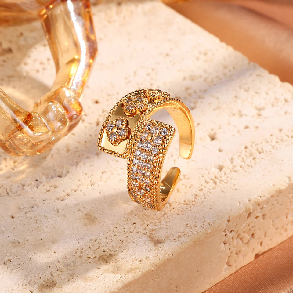 Four-Leaf Flower Zircon Cuff Bracelet – Colorful CZ Bangle for Women