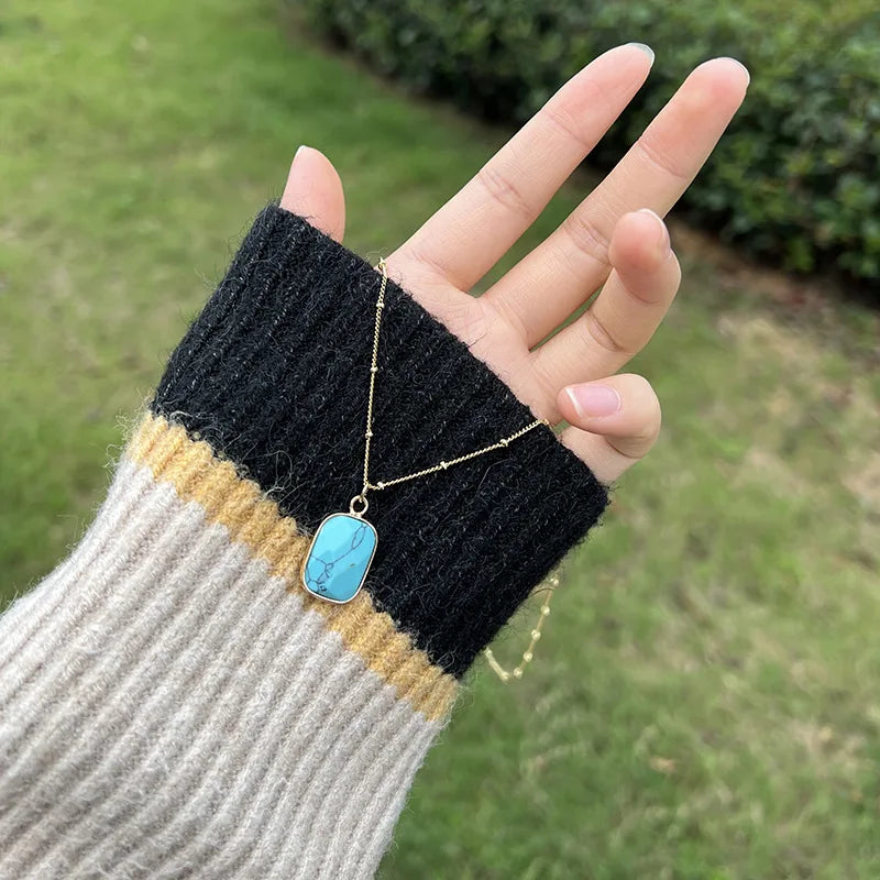 Turquoise Pendant Necklace 18K Gold Beaded Layering Chain Necklaces for Women